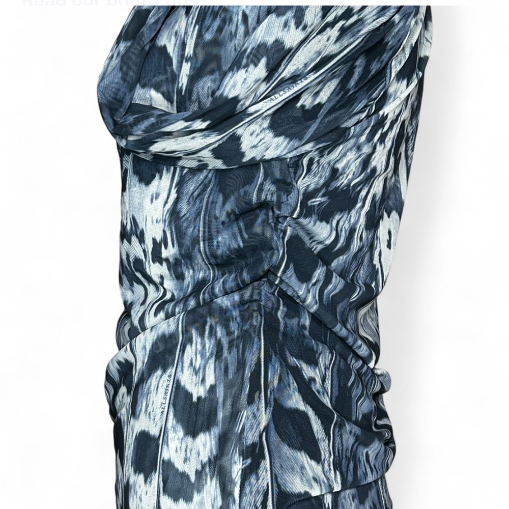 ALLSAINTS Blue Mesh Top 6, Long Sleeve High Neck W/Cross Design And Ruffle Sides - Picture 4 of 9